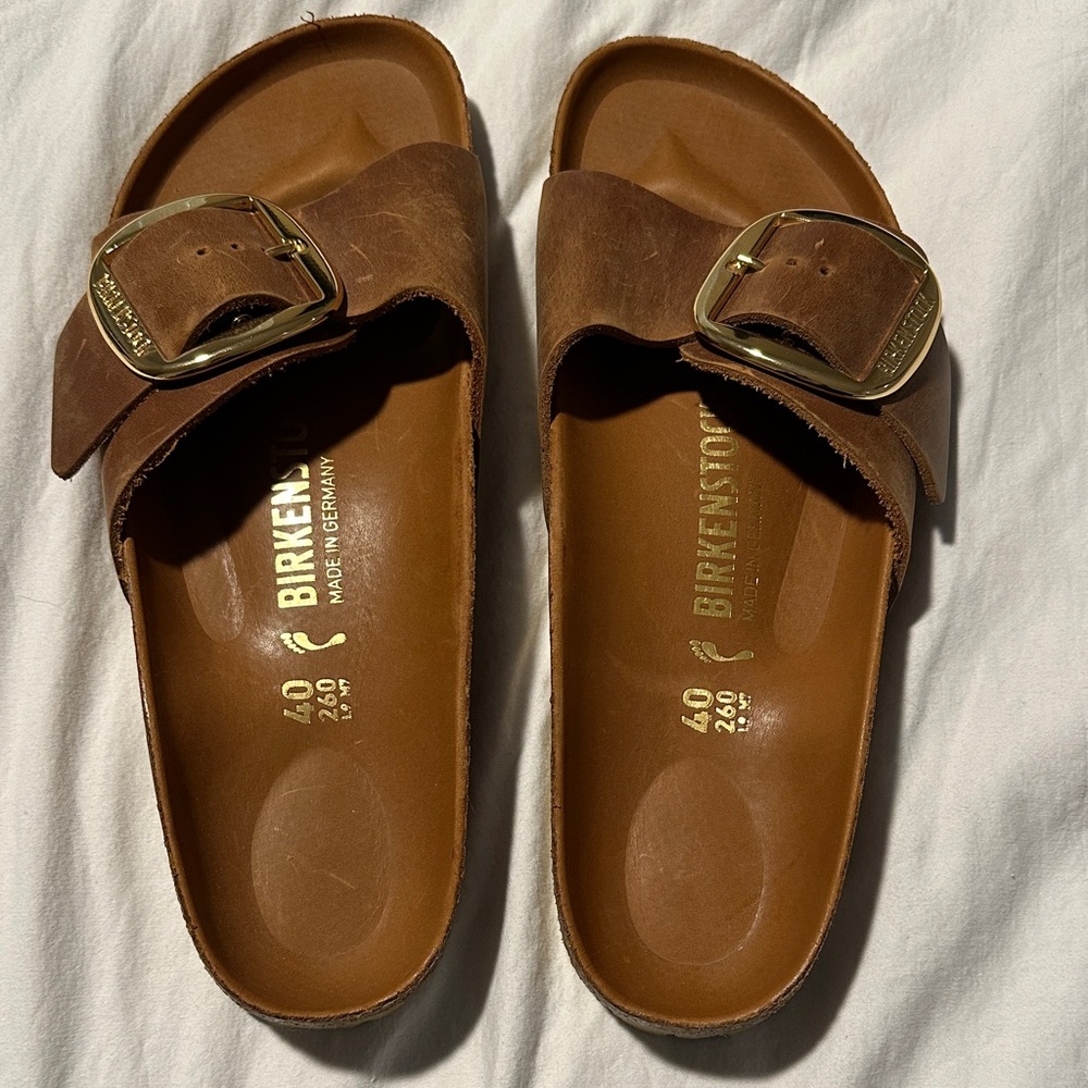 Birkenstock Tan Sandals with Gold Big Buckle